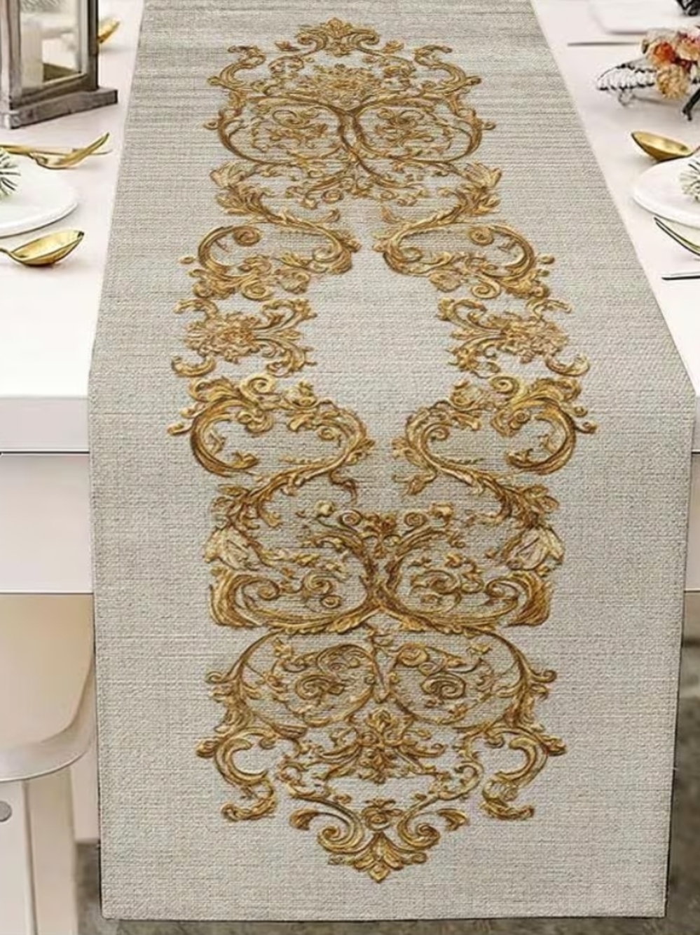 Gold Embroidered Table Runner on Neutral Linen - Home Accents